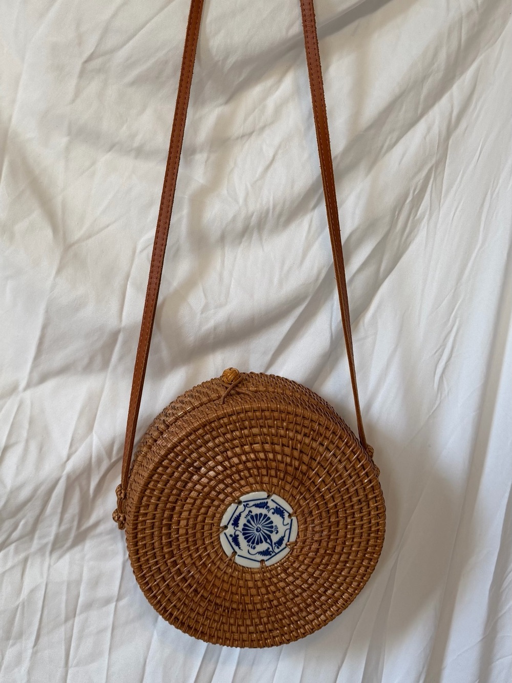 Vintage  rattan BOHO Woven Crossbody Bag in Brown with Blue Accent